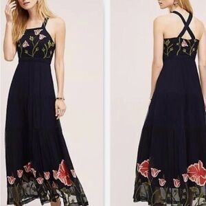 Anthropologie Floreat Embroidered Tulipan Maxi Dress with Pink Floral Boho Chic